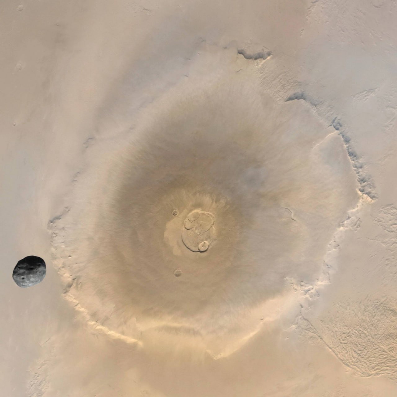 Martian Moon Phobos and Olympus Mons Captured in Image