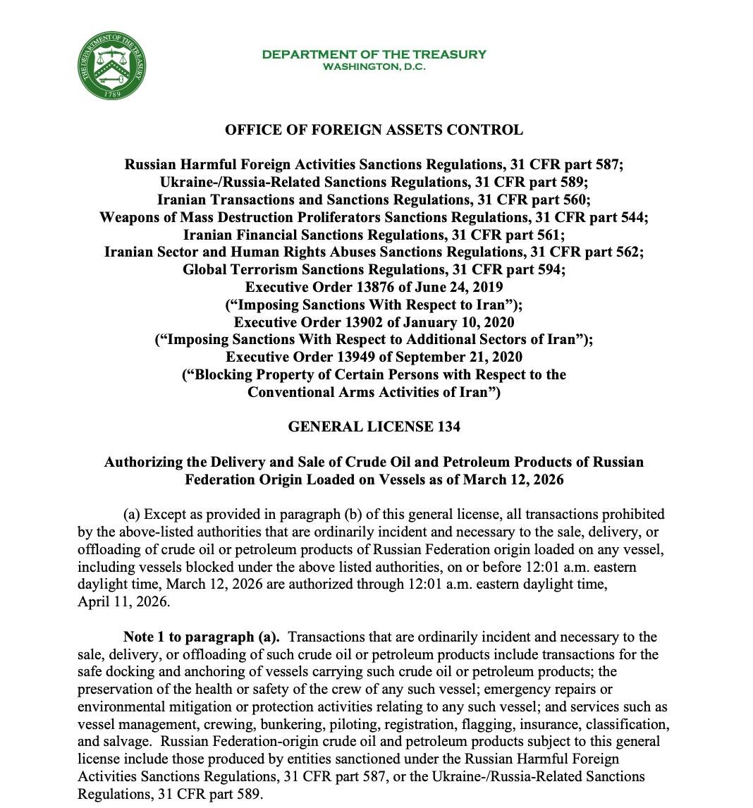 US Temporarily Lifts Sanctions on Russian Oil Shipped by Tankers