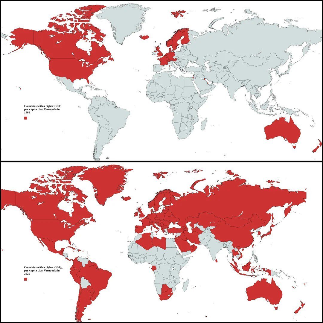 Countries with GDP per capita higher than Venezuela: in 1960 and now