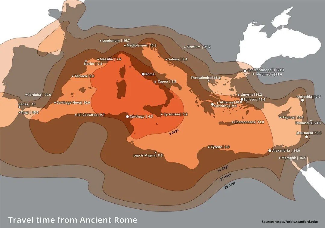 Travel Time from Ancient Rome to Various Cities in the Roman Empire