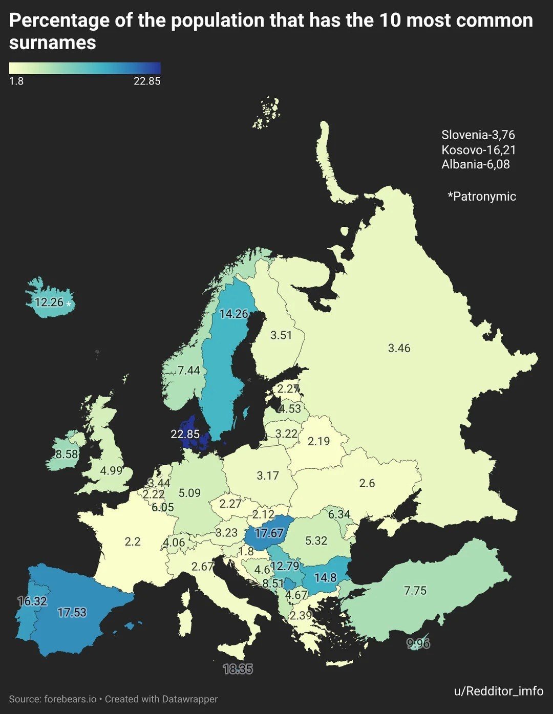 Proportion of Population with One of the 10 Most Popular Surnames in the Country