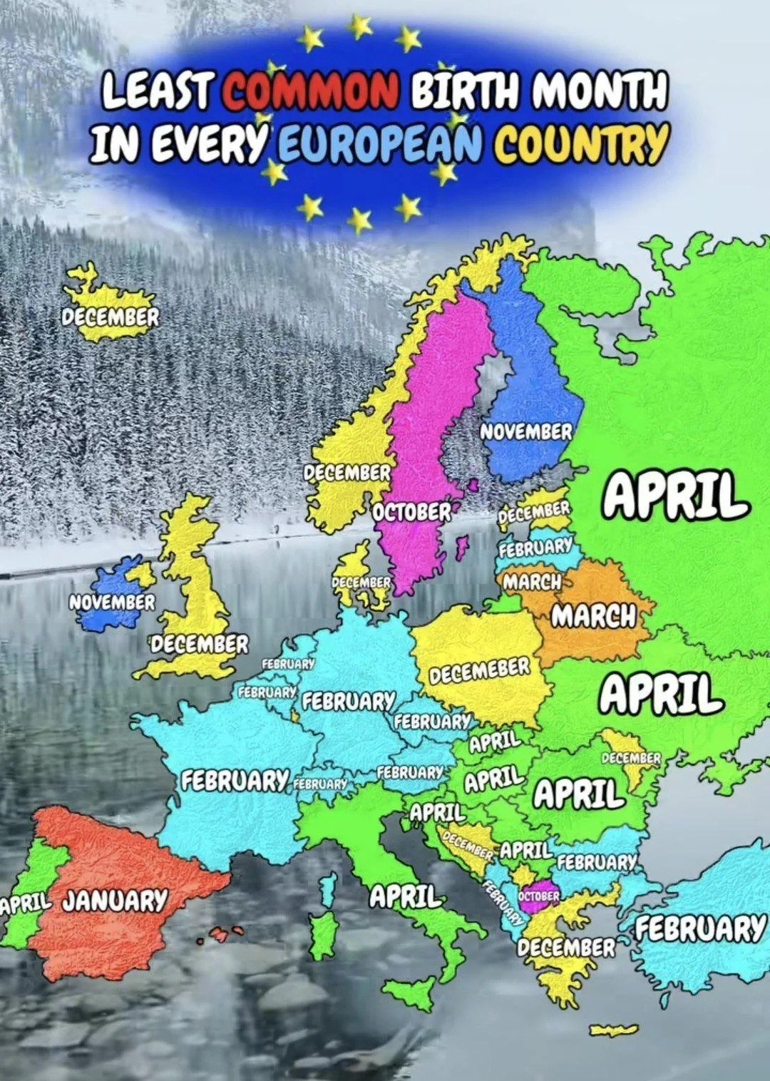 The least common birth month in European countries

Children are least likely to be born in winter and the first half of spring. In the eastern (and southern) parts of the region, April turned out to be the rarest month, including in our country.

In Belarus and Lithuania, March holds the distinction, while in central Europe, February or December are the least common. Surprisingly, January is only the rarest month in Spain!