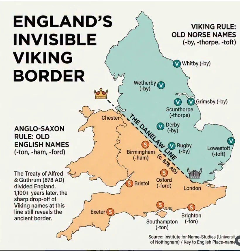 **▫️ Англо-саксонские и скандинавские топонимы на карте Англии**

Красивая иллюстрация того, как история более чем тысячелетней давности может отражаться на карте: в 878 году в Англии был заключен мирный договор между викингами (за несколько лет до этого вторгшимися в восточную часть страны) и саксами (в лице короля Альфреда)

Этот договор разделял Англию на две части - и эта линия видна до сих пор в названиях английских городов: со старо-английскими/саксонскими окончаниями с одной стороны границы (-тон, -хем, -форд: как Брайтон и Оксфорд) и скандинавскими - с другой (-би, -торпе, -тофт)